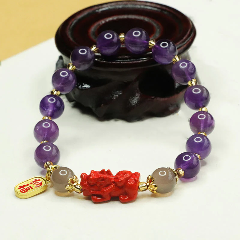 Bracciale dell'equilibrio del carattere Pi Xiu Fu Buddha Stones, ametista naturale e cinabro - Image 5