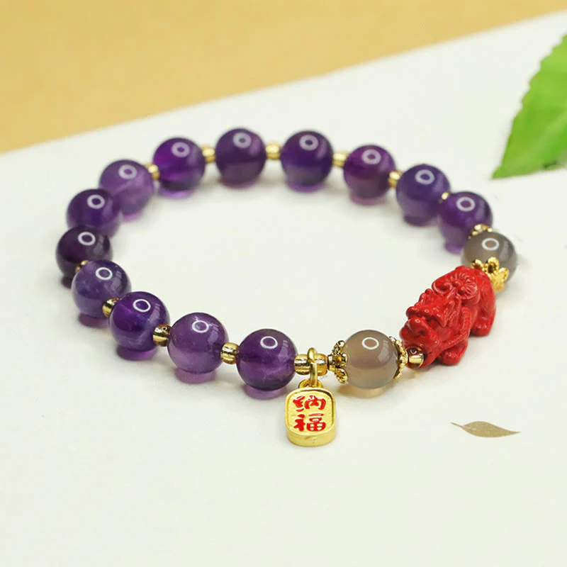 Bracciale dell'equilibrio del carattere Pi Xiu Fu Buddha Stones, ametista naturale e cinabro - Image 6