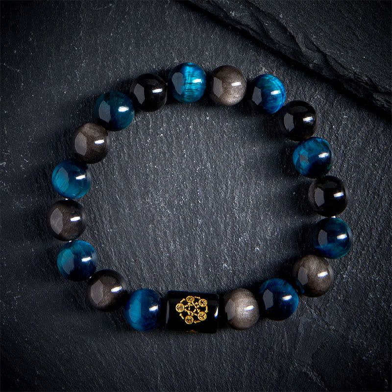 Bracciale di protezione dei cinque elementi in onice nero, ossidiana blu, occhio di tigre blu e Buddha Stones - Image 2
