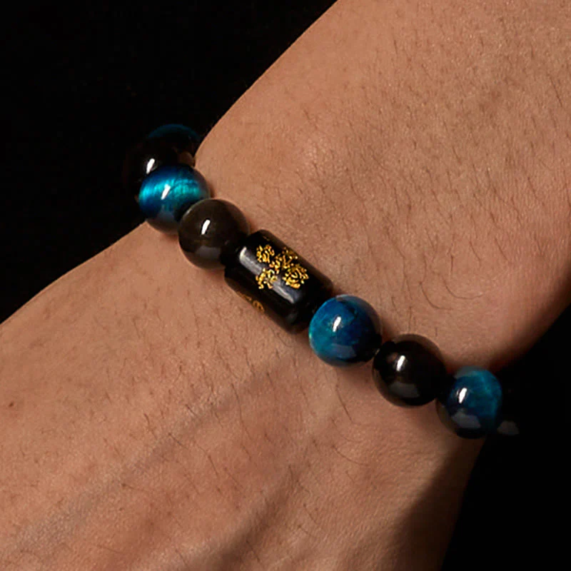 Bracciale di protezione dei cinque elementi in onice nero, ossidiana blu, occhio di tigre blu e Buddha Stones - Image 3