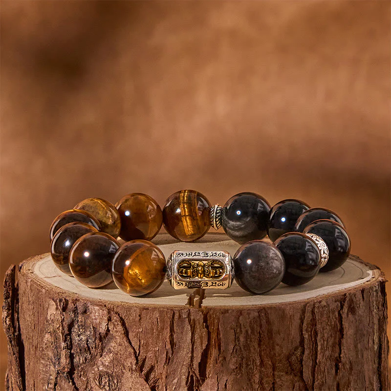 Bracciale di protezione Vajra in ossidiana naturale con occhio di tigre e argento lucido Buddha Stones - Image 4