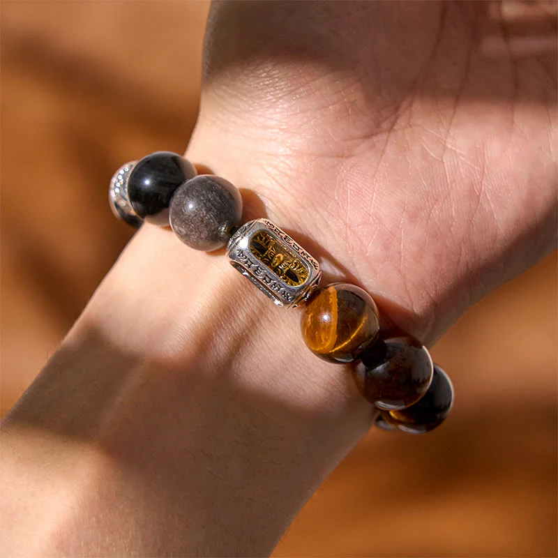 Bracciale di protezione Vajra in ossidiana naturale con occhio di tigre e argento lucido Buddha Stones - Image 5