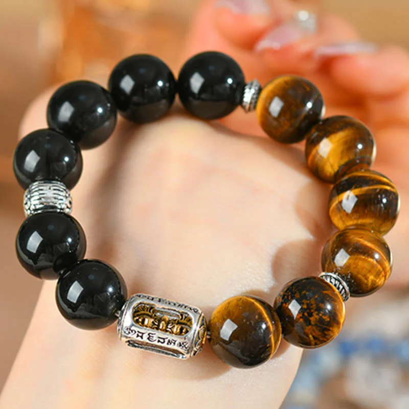 Bracciale di protezione Vajra in ossidiana naturale con occhio di tigre e argento lucido Buddha Stones - Image 9