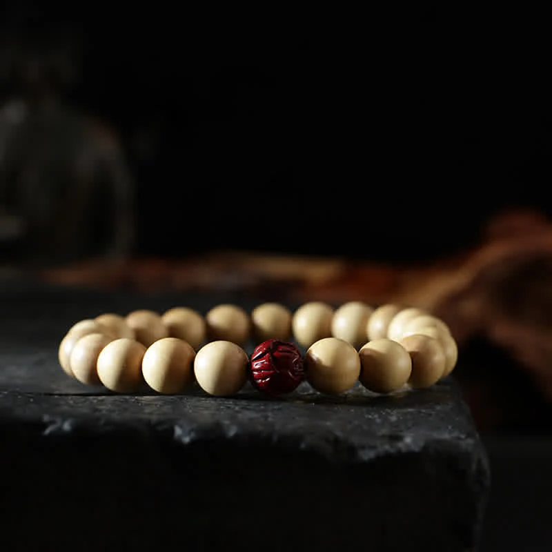 Bracciale di ricchezza e fortuna di legno di pesca del Tibet, loto, cinabro, Bagua Yin Yang - Image 10