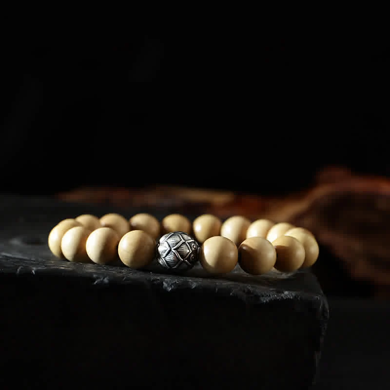 Bracciale di ricchezza e fortuna di legno di pesca del Tibet, loto, cinabro, Bagua Yin Yang - Image 12