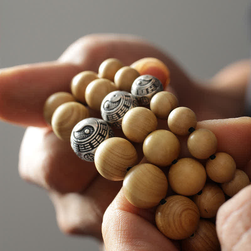 Bracciale di ricchezza e fortuna di legno di pesca del Tibet, loto, cinabro, Bagua Yin Yang - Image 2