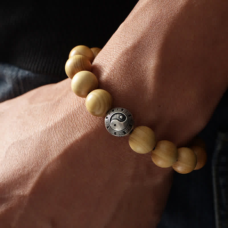 Bracciale di ricchezza e fortuna di legno di pesca del Tibet, loto, cinabro, Bagua Yin Yang - Image 3