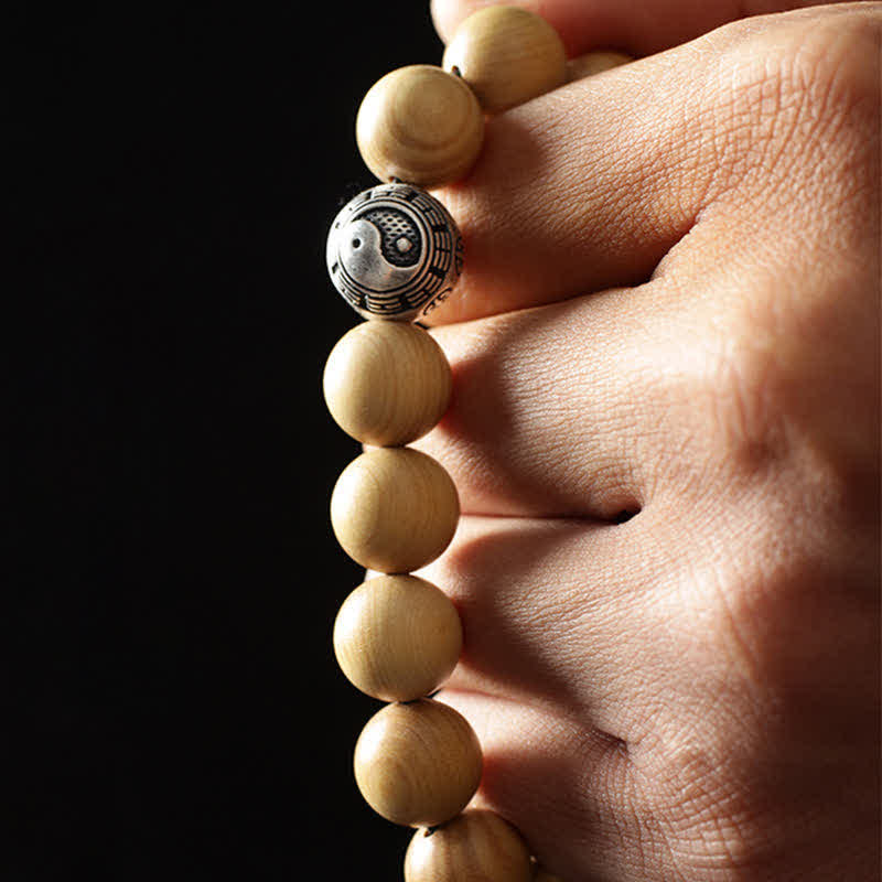 Bracciale di ricchezza e fortuna di legno di pesca del Tibet, loto, cinabro, Bagua Yin Yang - Image 5