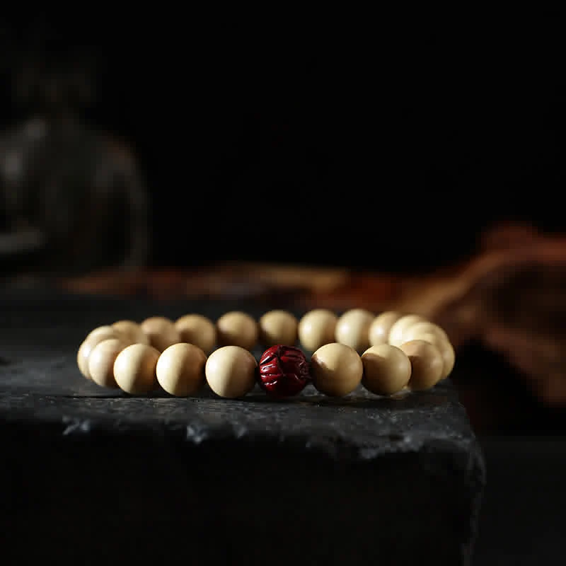 Bracciale di ricchezza e fortuna di legno di pesca del Tibet, loto, cinabro, Bagua Yin Yang - Image 8