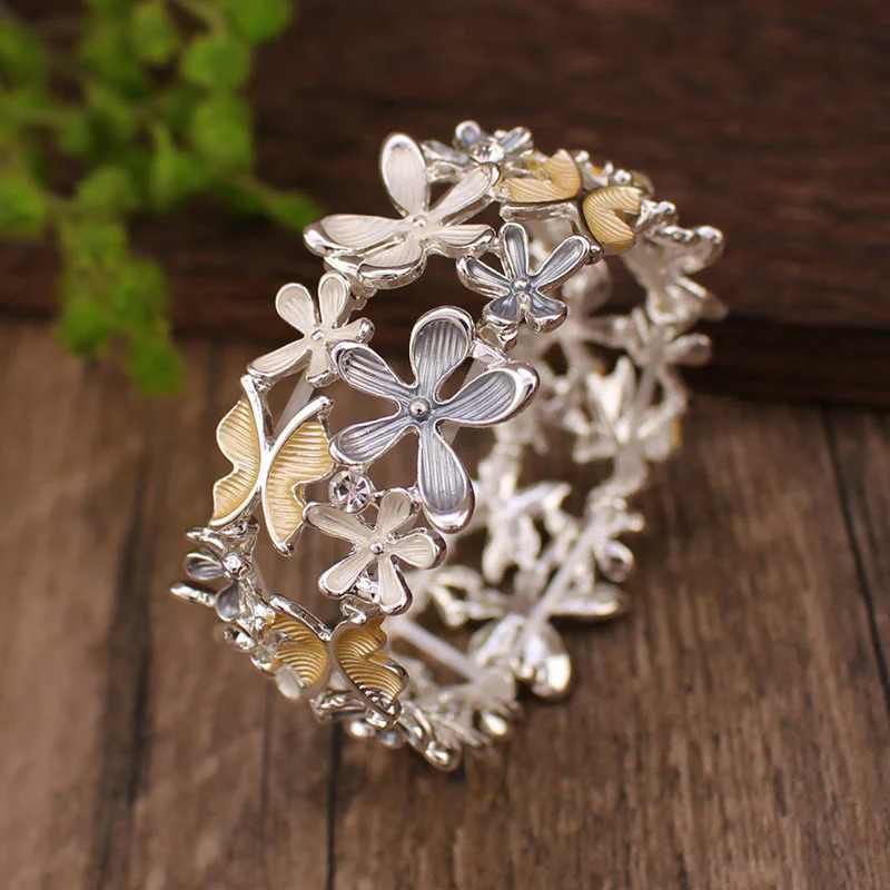 Bracciale elastico in lega con Buddha Stones, farfalle colorate e fiori - Image 10