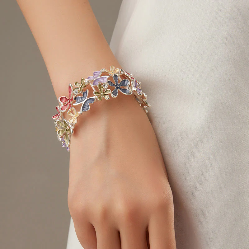 Bracciale elastico in lega con Buddha Stones, farfalle colorate e fiori - Image 5