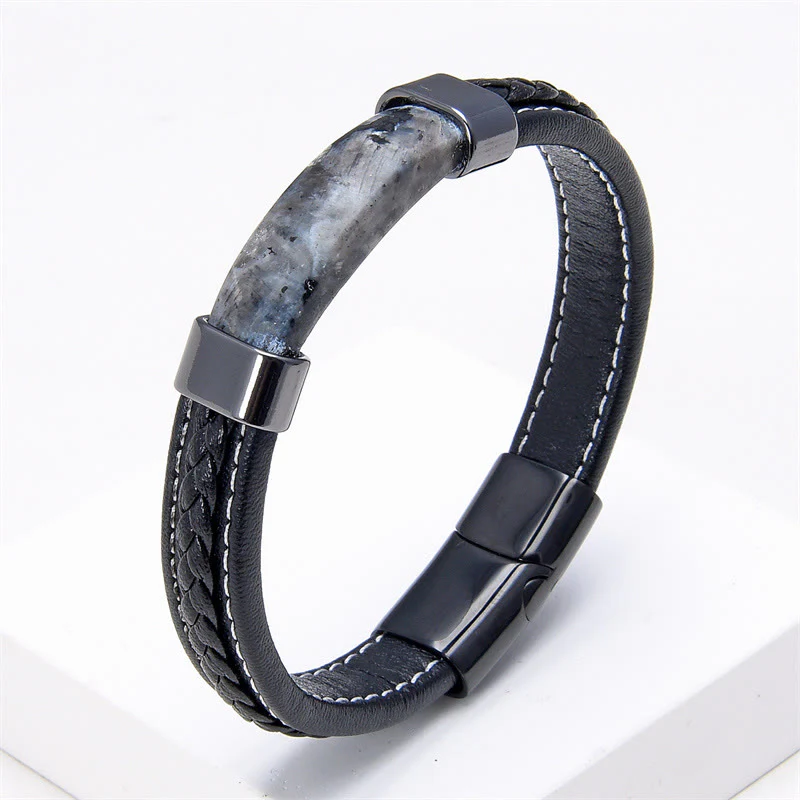 Bracciale in pelle con Buddha Stones, lazurite, lapislazzuli, occhio di tigre, rodonite, ematite, onice nero - Image 14