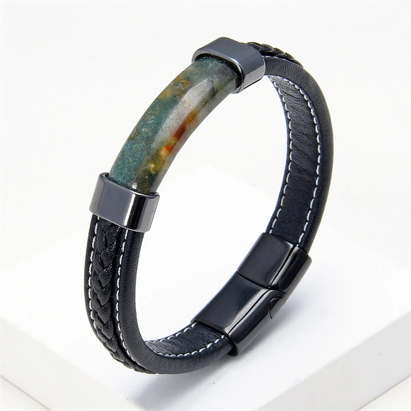 Bracciale in pelle con Buddha Stones, lazurite, lapislazzuli, occhio di tigre, rodonite, ematite, onice nero - Image 16