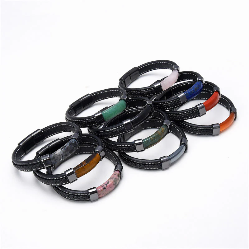 Bracciale in pelle con Buddha Stones, lazurite, lapislazzuli, occhio di tigre, rodonite, ematite, onice nero - Image 2