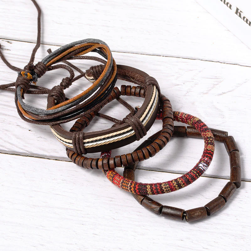 Bracciale in pelle con perline di legno e corde di canapa avvolte in Buddha Stones - Image 2