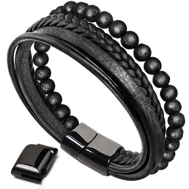 Bracciale in pelle con perline di onice nero e roccia lavica naturale Buddha Stones