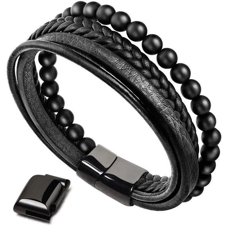 Bracciale in pelle con perline di onice nero e roccia lavica naturale Buddha Stones - Image 10