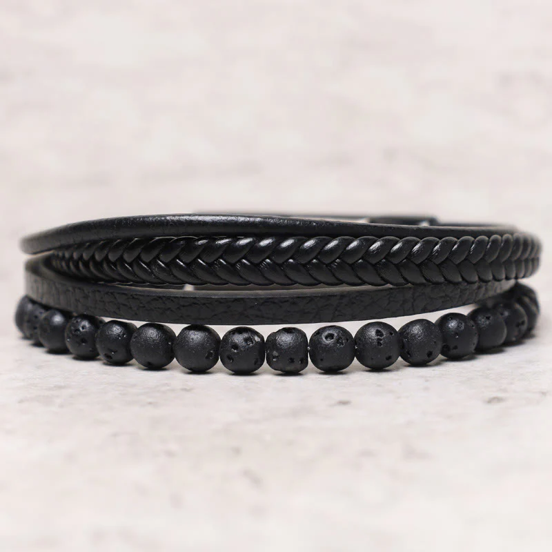 Bracciale in pelle con perline di onice nero e roccia lavica naturale Buddha Stones - Image 2