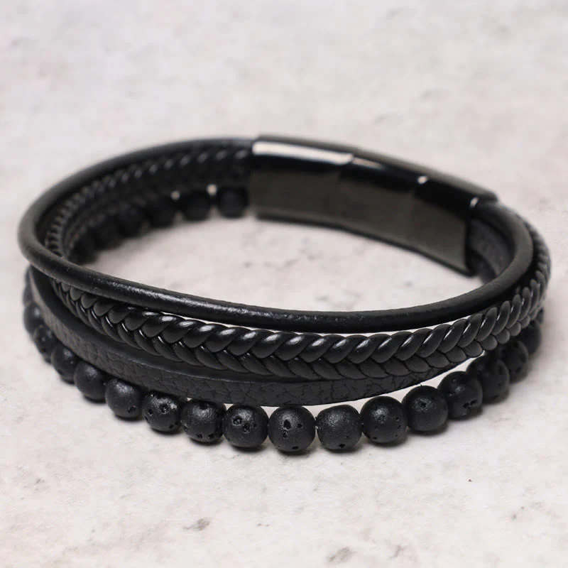 Bracciale in pelle con perline di onice nero e roccia lavica naturale Buddha Stones - Image 3