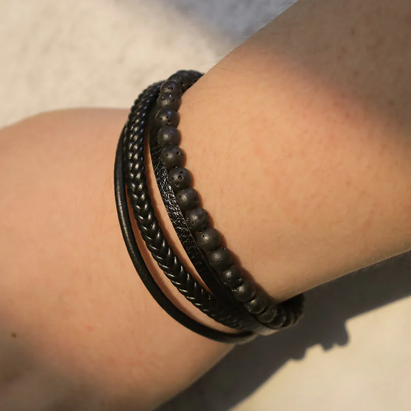 Bracciale in pelle con perline di onice nero e roccia lavica naturale Buddha Stones - Image 7