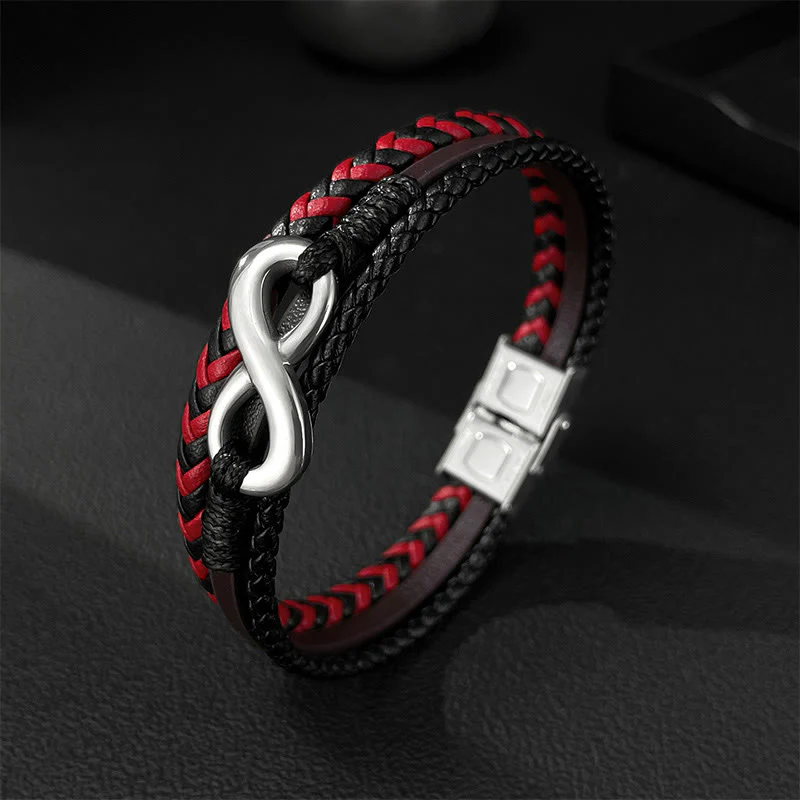 Bracciale in pelle intrecciata a tre strati con design Buddha Stones Infinitely in titanio e acciaio