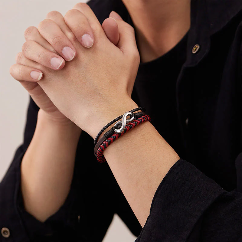Bracciale in pelle intrecciata a tre strati con design Buddha Stones Infinitely in titanio e acciaio - Image 11
