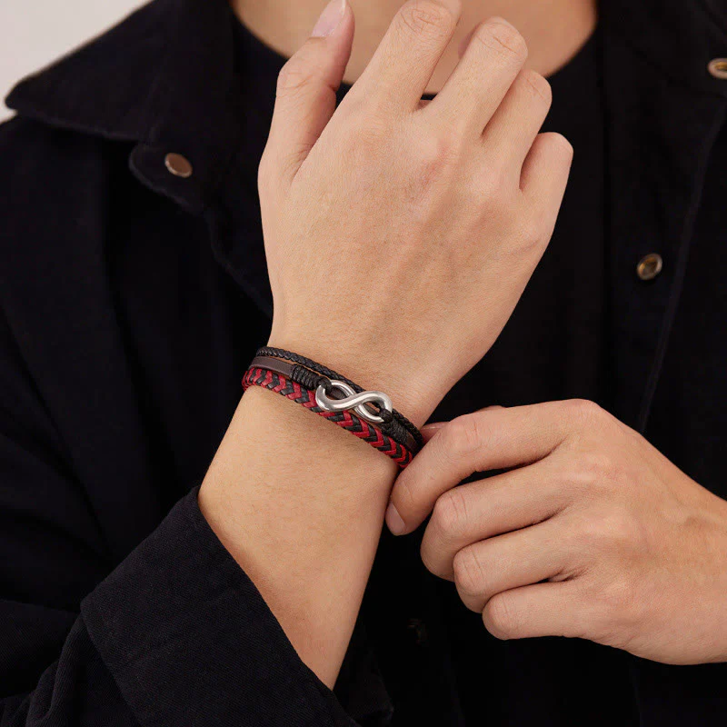 Bracciale in pelle intrecciata a tre strati con design Buddha Stones Infinitely in titanio e acciaio - Image 13