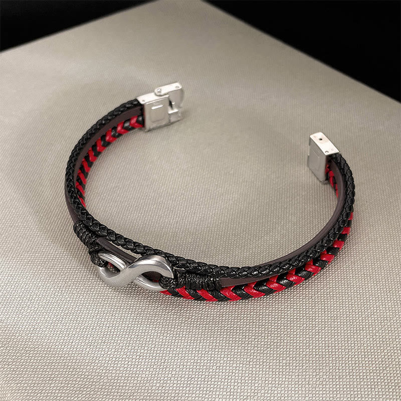 Bracciale in pelle intrecciata a tre strati con design Buddha Stones Infinitely in titanio e acciaio - Image 5
