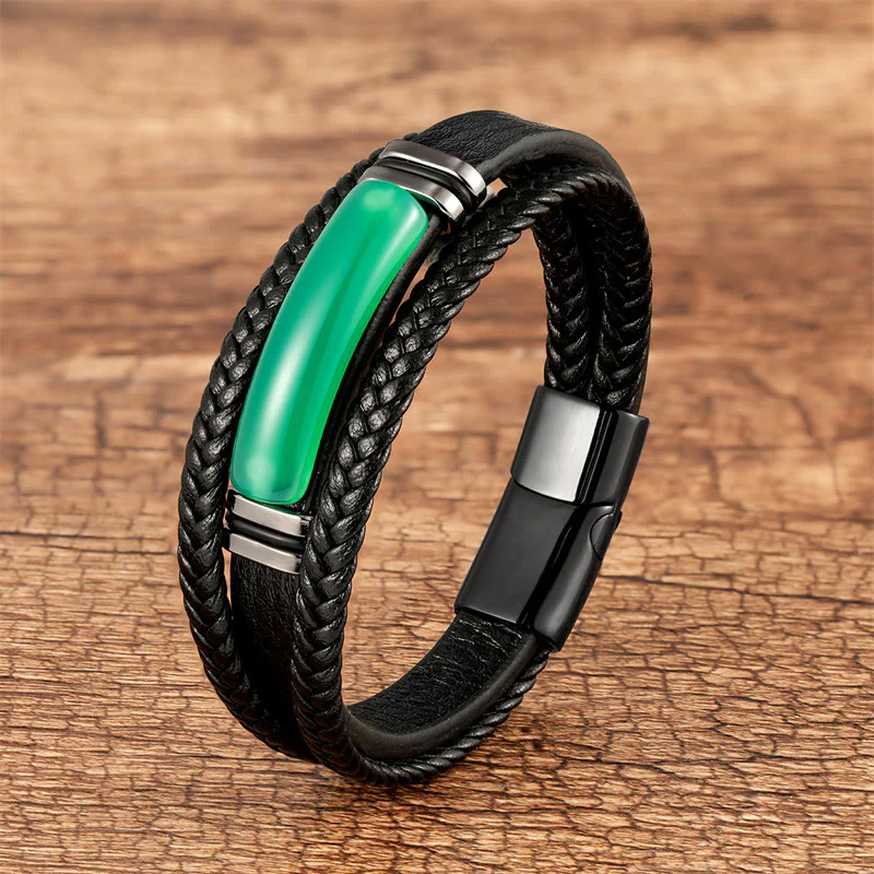 Bracciale in pelle intrecciata multistrato con pietra naturale Buddha Stones Green Agate Power