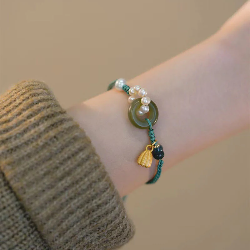 Bracciale intrecciato a mano con perle e giada naturale di Hetian, fibbia della pace, pietre Buddha Stones - Image 5