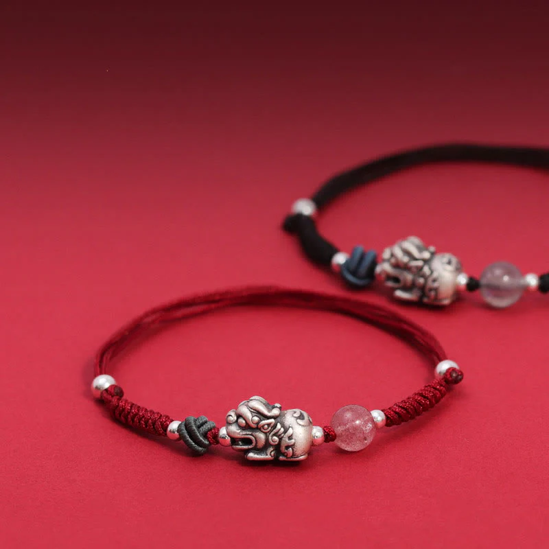 Bracciale intrecciato Buddha Stones 999 Sterling Silver PiXiu Strawberry Quartz Bead Wealth Luck