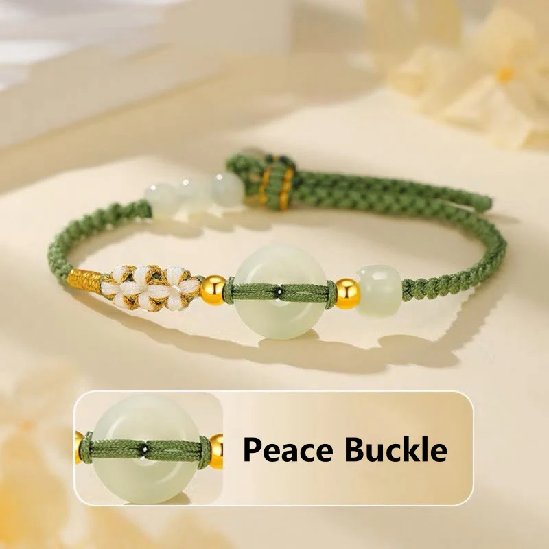 Bracciale intrecciato con Buddha Stones, giada Hetian, fibbia della pace, fortuna e fiori di pesco - Image 3
