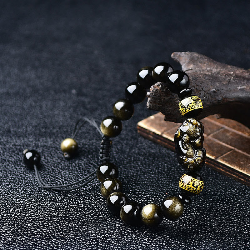 Bracciale intrecciato con Buddha Stones, lucentezza naturale dell'oro, ossidiana, PiXiu Om Mani Padme Hum, ricchezza - Image 6