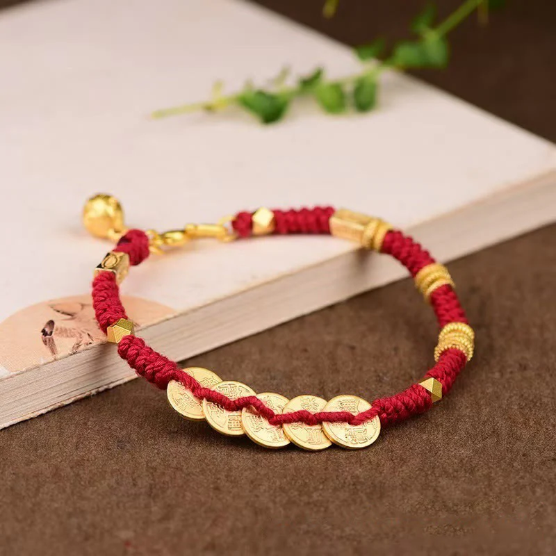 Bracciale intrecciato con cinque monete dell'imperatore e Buddha Stones fatto a mano