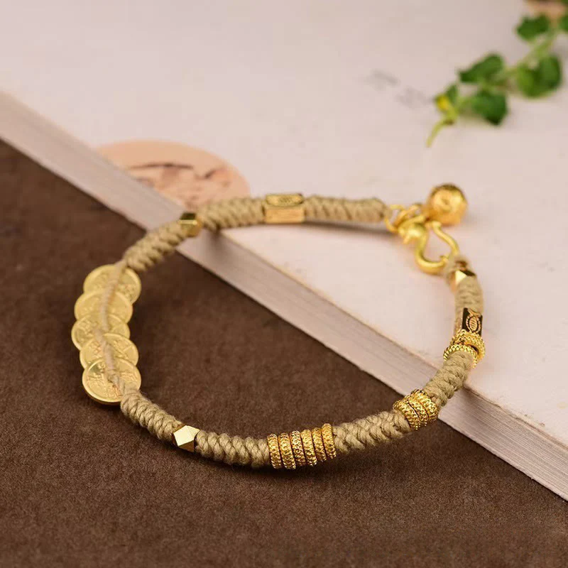 Bracciale intrecciato con cinque monete dell'imperatore e Buddha Stones fatto a mano - Image 6