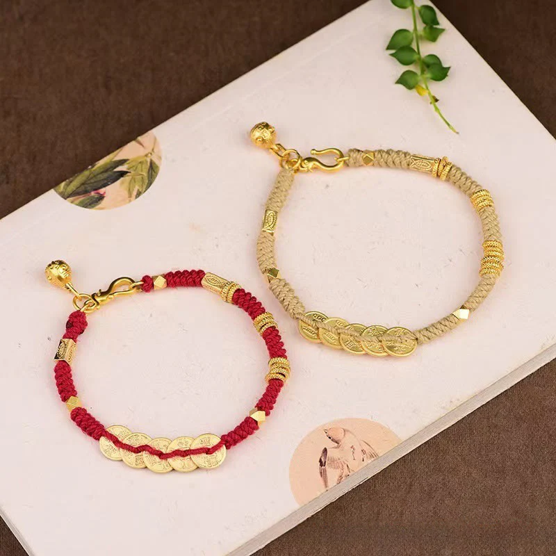 Bracciale intrecciato con cinque monete dell'imperatore e Buddha Stones fatto a mano - Image 7