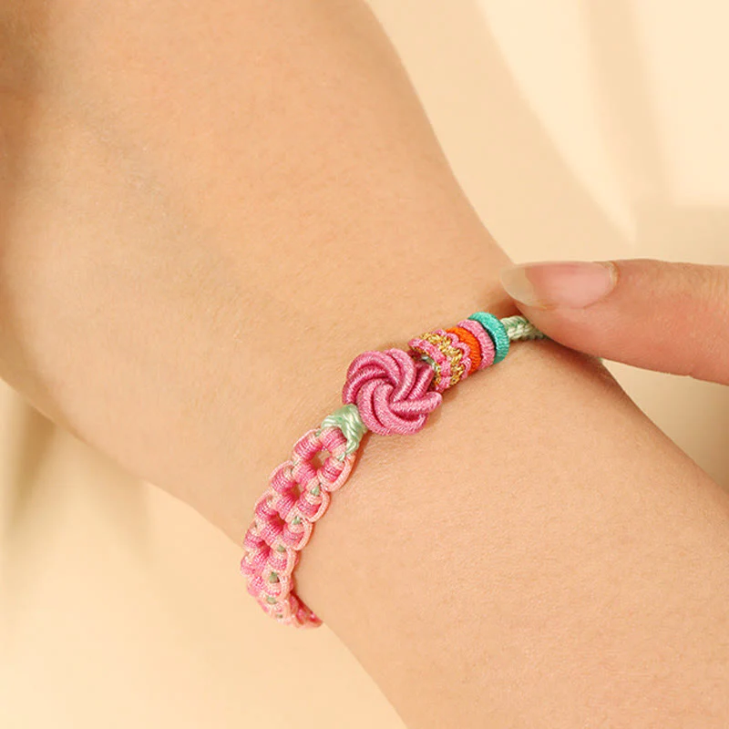 Bracciale intrecciato con nodo in fiore di pesco rosa e verde fatto a mano Buddha Stones - Image 6