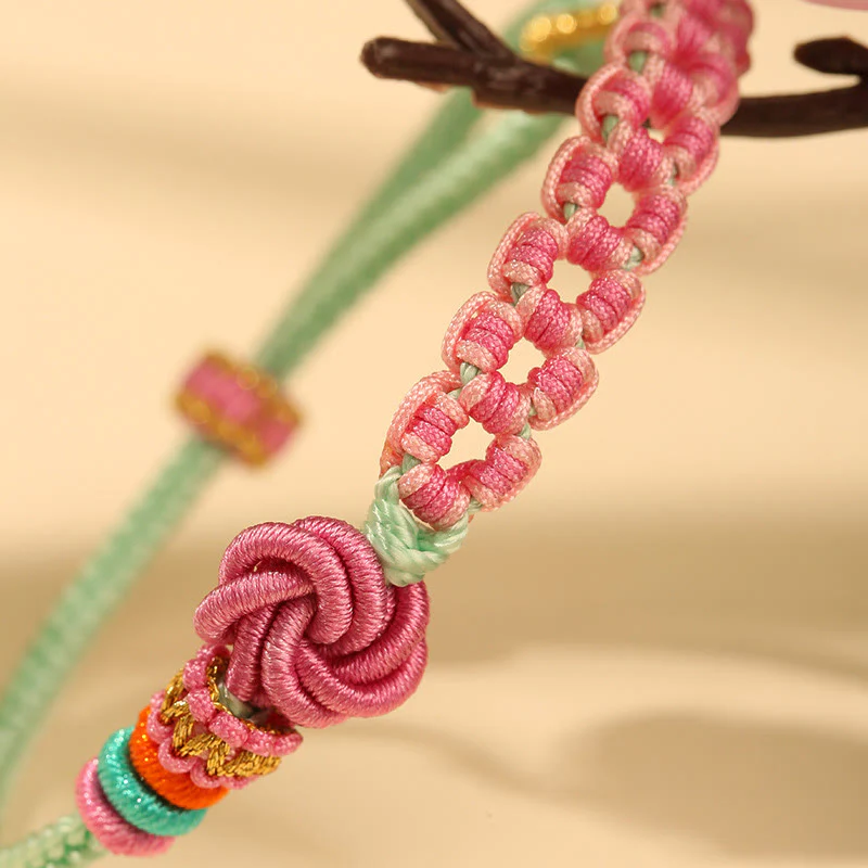 Bracciale intrecciato con nodo in fiore di pesco rosa e verde fatto a mano Buddha Stones - Image 8
