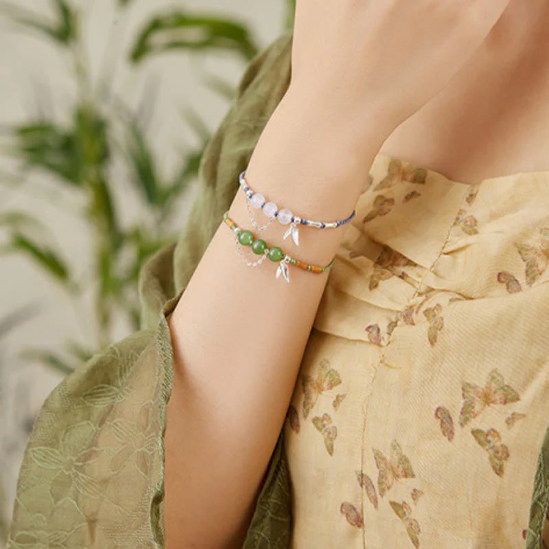 Bracciale intrecciato con perline di giada e calcedonio di Hetian, foglie di bambù, argento sterling 925, Buddha Stones - Image 10