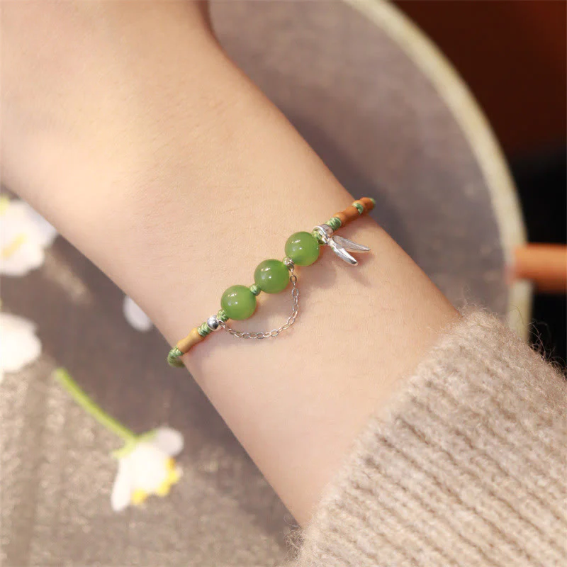 Bracciale intrecciato con perline di giada e calcedonio di Hetian, foglie di bambù, argento sterling 925, Buddha Stones - Image 2