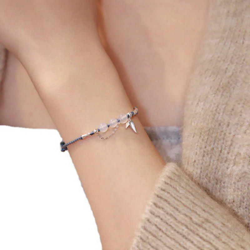 Bracciale intrecciato con perline di giada e calcedonio di Hetian, foglie di bambù, argento sterling 925, Buddha Stones - Image 7