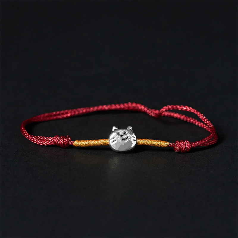 Bracciale intrecciato in corda rossa con simpatico gatto in argento sterling 925 Buddha Stones