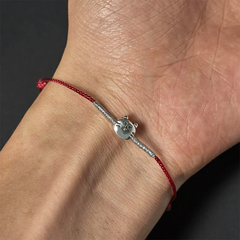 Bracciale intrecciato in corda rossa con simpatico gatto in argento sterling 925 Buddha Stones - Image 11