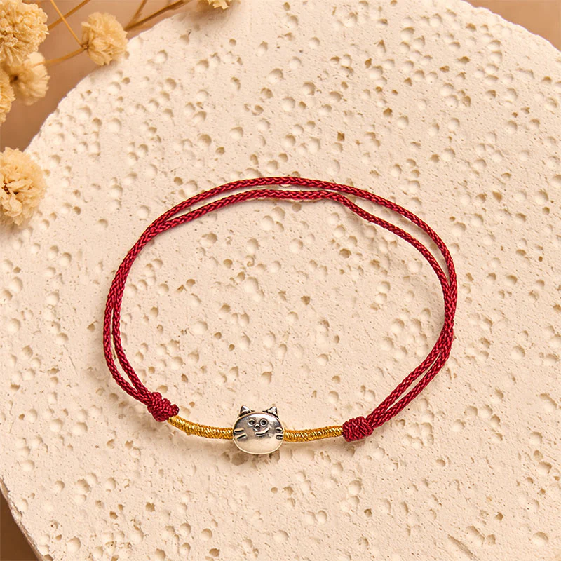 Bracciale intrecciato in corda rossa con simpatico gatto in argento sterling 925 Buddha Stones - Image 3
