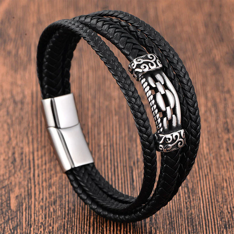 Bracciale intrecciato in pelle multistrato con design a maglie di catena in acciaio al titanio Buddha Stones