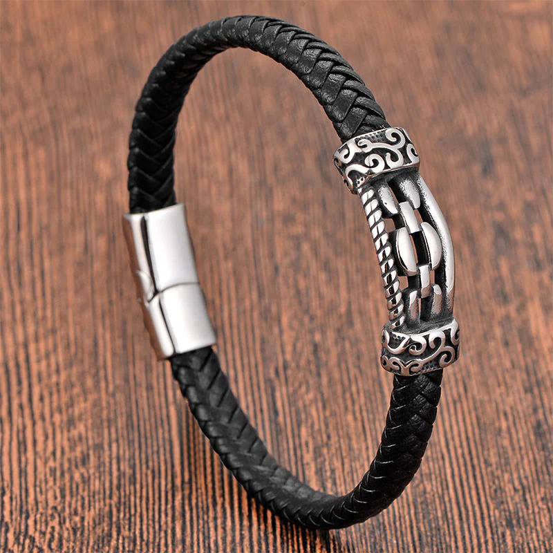 Bracciale intrecciato in pelle multistrato con design a maglie di catena in acciaio al titanio Buddha Stones - Image 10