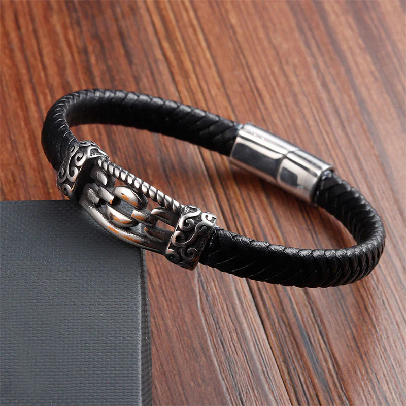 Bracciale intrecciato in pelle multistrato con design a maglie di catena in acciaio al titanio Buddha Stones - Image 13