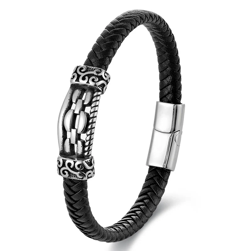 Bracciale intrecciato in pelle multistrato con design a maglie di catena in acciaio al titanio Buddha Stones - Image 14