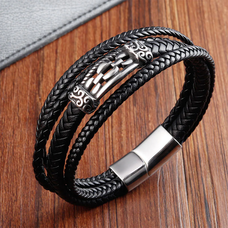 Bracciale intrecciato in pelle multistrato con design a maglie di catena in acciaio al titanio Buddha Stones - Image 3