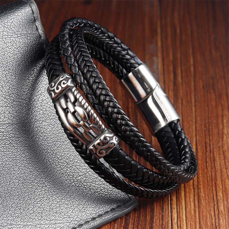 Bracciale intrecciato in pelle multistrato con design a maglie di catena in acciaio al titanio Buddha Stones - Image 4
